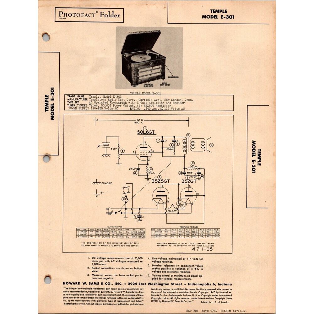 VTG Howard Sams 1947 Radio Photofact Folder Temple Model E-301
